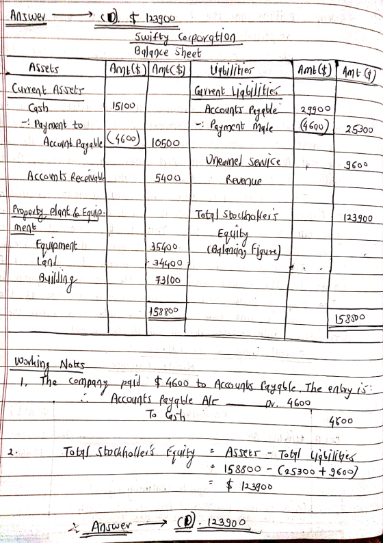 Amt ($)AME 67 L.Answer .0). $ 123900 Swifty Corporation Balance sheet Assets Ame($) Amics Liqbilities Current Assets 1 Carren