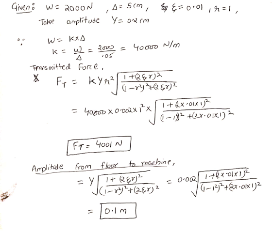 Givena W=2000N , =sim, e {=0.01 1r=1, Take amplitude Y= 02 cm W= kxD k=w = 2000 = 40000 N/m Transmitted Force, a fe= kys2 +Q6