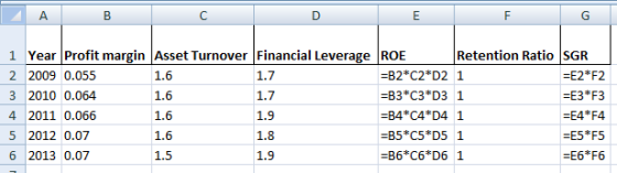A. C E F G 1 Year Profit margin Asset Turnover Financial Leverage ROE Retention Ratio SGR 2 2009 0.055 -B2*C2*D2 1 -E2*F2 1.6