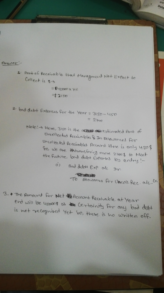 Data Anwar 1. Ant of Receivable that Managment Not Expect to Collect is a = $4500 x 77. = $3150 2. bad debt Expenses for the