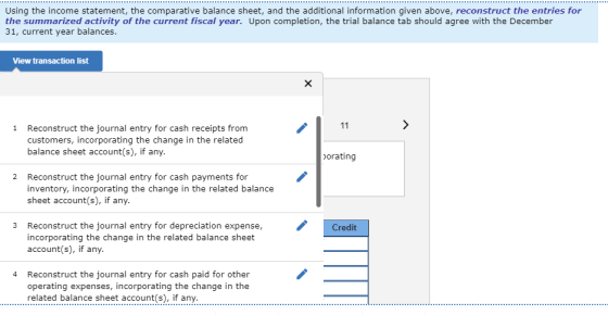Using the income statement, the comparative balance sheet, and the additional information given above, reconstruct the entrie