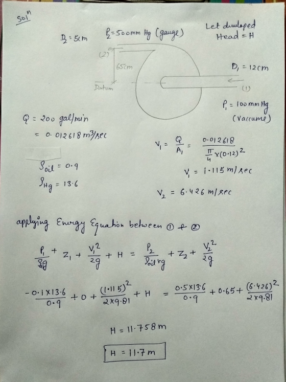n Sol 2-500mm Hg (gange) Let deneloped Head = H D=5cm 165cm G Datum D, = 12cm Co P = 100 mm ommHg (Vaccume) Q = 200 gold min