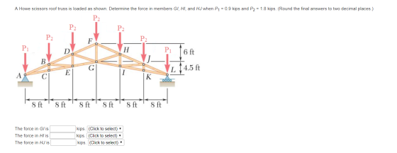 A Howe scissors roof truss is loaded as shown. Determine the force in members GI, HI, and HJ when P1-0.9 kips and P2 1.8 kips. (Round the final answers to two decimal places.) P2 P2 P2 P2 Pi 1.14.5 ft Th force in tis(Click ec The force in HJis kips. (Click to select) kips. (Click to select) kips. (Click to select) ▼ The force in HI is