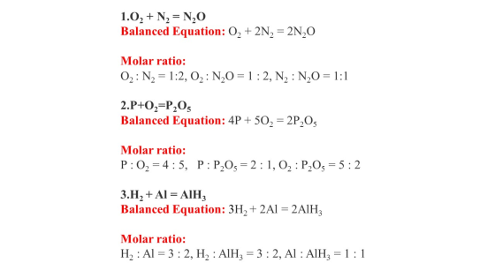 1.02 + N2 = N20 Balanced Equation: 02 + 2N2 = 2N20 Molar ratio: 02: N2 = 1:2, 02: N2O=1:2, N2 : N20 = 1:1 . 2.P+02=P205 Balan