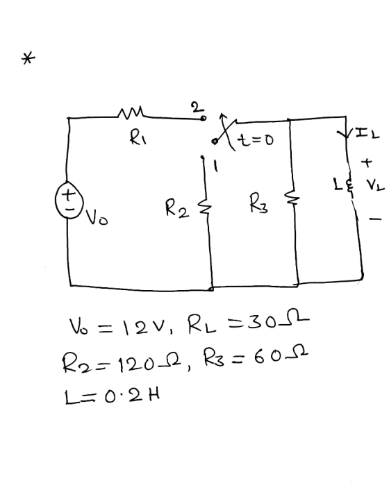 m2 to X tro H ¢ & ve R2 1. R2 & 1 Vo = 12v, RL=3002 Ra=1208, R3=600 L=0.2H