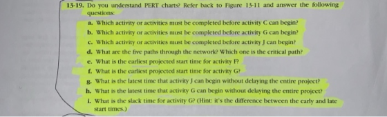 13-19. Do you understand PERT charts? Refer back to Figure 13-11 and answer the following questions: a. Which activity or act