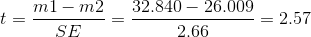 t=\frac{m1-m2}{SE}=\frac{32.840-26.009}{2.66}=2.57