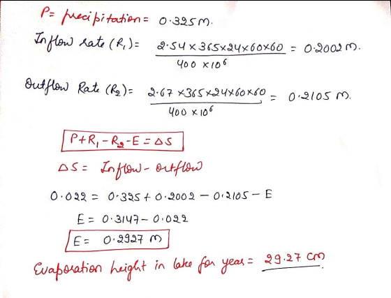 S P= precipitation = 0.325m. In flow rate (R.)= 2.54x355x24x60x60 Ҷоо х(06 Outflow Rate (R2) = 2.67*365*24X60X60 0:2002 m. 0.