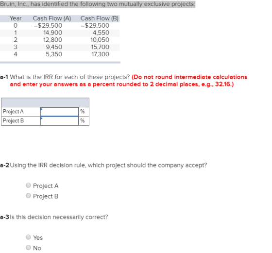 Bruin, Inc., has identified the following two mutually exclusive projects: Year O-NM Cash Flow (A) -$29,500 14,900 12.800 9,4
