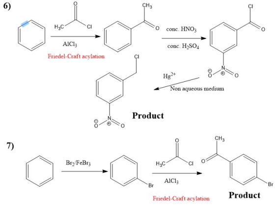 H3C CI O conc. HNO3 conc. H2SO4 AICI: Friedel-Craft acylation Hg2+ Non aqueous medium Product CH 7) Bry/FeBrz H₂C a on AICI: