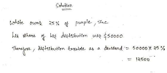 Soluton tohite ownk 25 % puple , Tnc hie 8hare o kiç dustibutton wa $50000 davidend 50000 X 25% Thorejore dishabuton bxable a