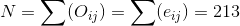 N=\sum (O_{ij})=\sum (e_{ij})=213