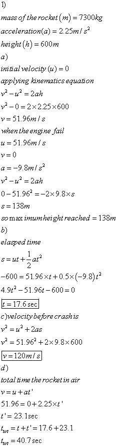 mass of the rocket (m) = 7300kg acceleration(a) = 225ml sa height (h) = 600m a) initial velocity (u)-0 applying kinematicsequ