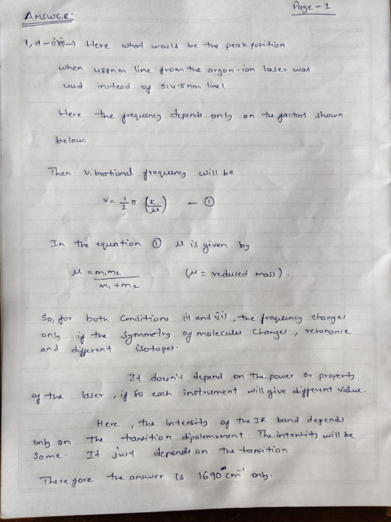 Page-1 ANSWER ,d -Here be the pea ie po thon what when u88nm line trom the argon-ion laser war ud inutead 514 5nm line Here t