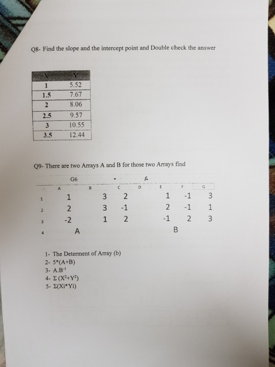 Q8- Find the slope and the intercept point and Double check the answer 5.52 7.67 8.06 9.57 10.55 12.44 1.5 2.5 3.5 Q9- There are two Arrays A and B for those two Arrays find G6 2 1 1 1 2 3 3 -1 3 2 1- The Determent of Array (b) 2- 5*(A+B) 3- A.B-l 4 2 (x+Y) 5- E(Xi Yi)