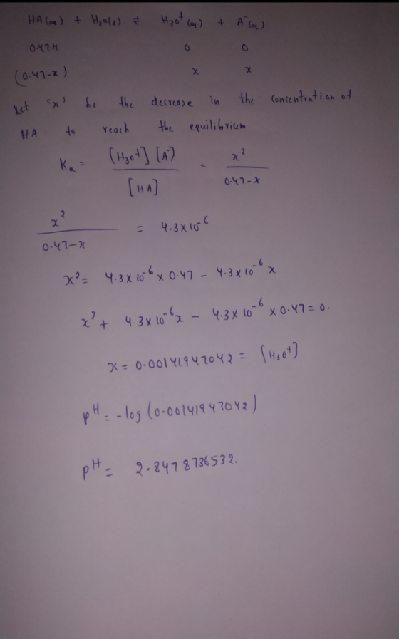 HA loe) + How Ž H₂ot (a) + A (a). 0-Y7H (0.47-2) concentration of et HA l be the decrease in the to reach the equilibrium K.
