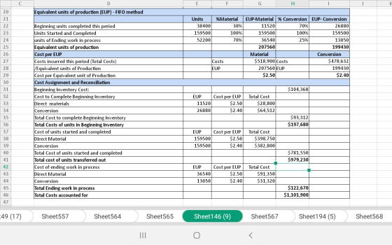 F G H J Equivalent units of production (EUP) - FIFO method 20 21 22 Units 38400 159500 52200 23 %Material 30% 100% 70% 24 25