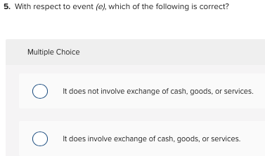 5. With respect to event (e), which of the following is correct? Multiple Choice O it does not involve exchange of cash, good