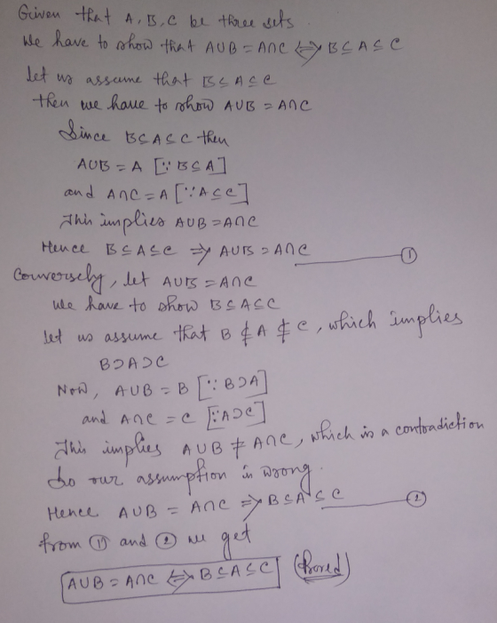 Given that A, B, C be three sets. We have to show that AUBE ANCLYBLASC let us assume that Blace then we have to show AUB ANC