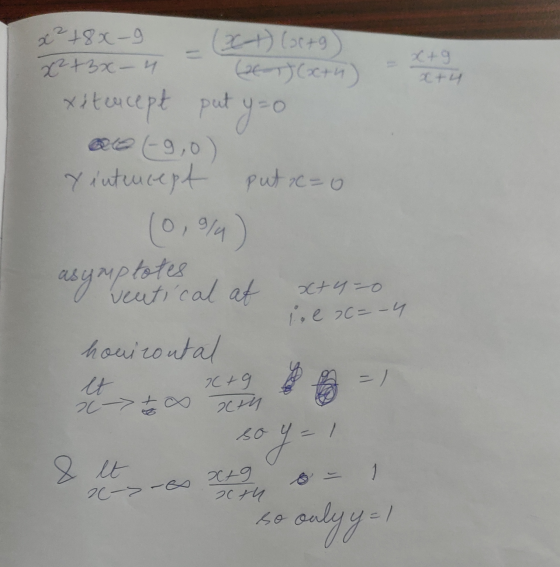 aty x² +8x-9 (xt) Corto) x² + 3x-4 (26)(x+h) - xétencept put y=0 0-9,0) Y intercept put x = 0 (0,9/4) asymptotes veutical at