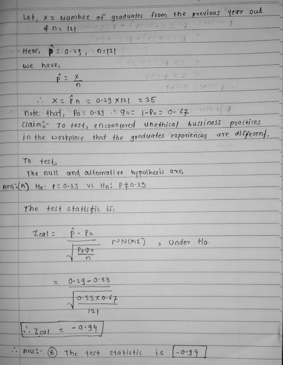 Let, x= Number of graduates from the previous year out of n = 121 n=121 Here, p = 0.29, have, we på = x x = i = 0.29 X 121 =3