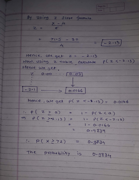 Page No. By Using Z core formulo Hence, ae get z = Hence we aet -2 Hence ,we get P z < -2 13o-o16 6 P ( a 1 O. o 166 .9 834 P