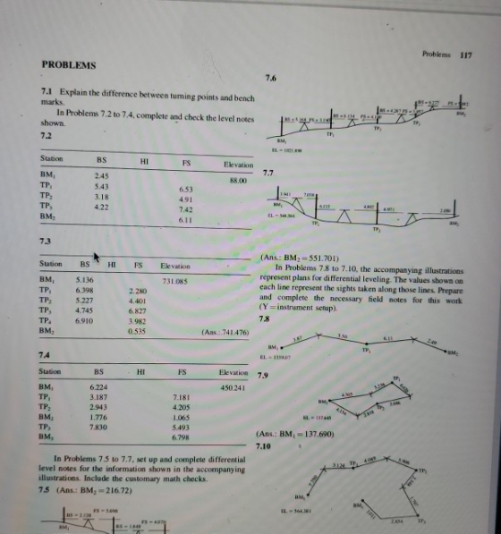 Problems 117 PROBLEMS 7.6 PS 7.1 Explain the difference between tuming points and bench marks In Problems 7.2 to 7.4. complet