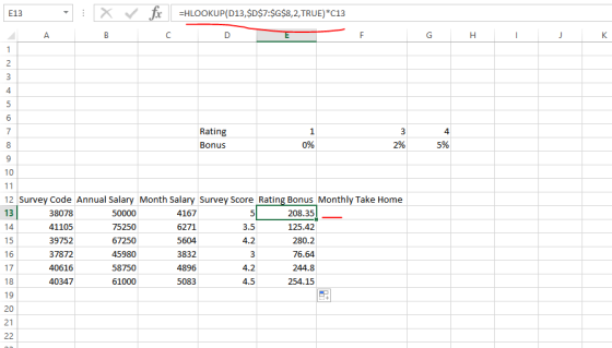 E13 fr =HLOOKUP(D13, $D$7:$G$8,2,TRUE) *C13 A B C D к 1 Rating Bonus 3 2% 4 5% 0% 14 12 Survey Code Annual Salary Month Salar