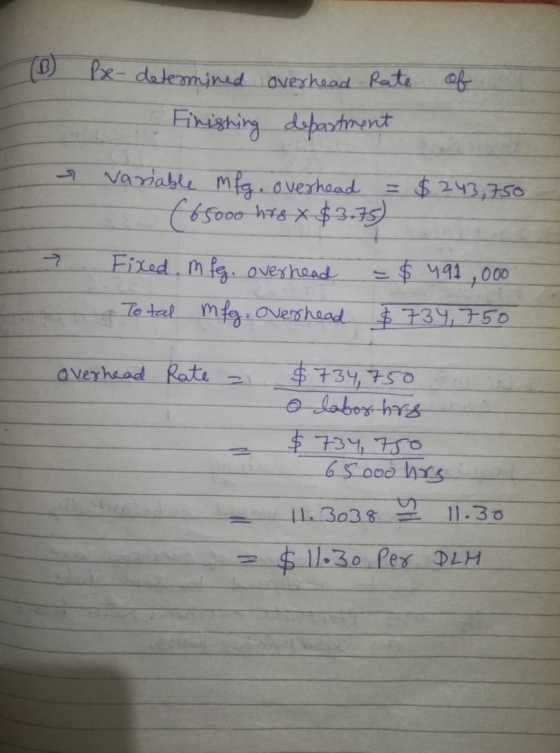 (6) of Pe-determined overhead Rate - Finishing department & variable mfg. overhead = $243,750 (65000 hrs x $3.75 Fixed, mfeg,