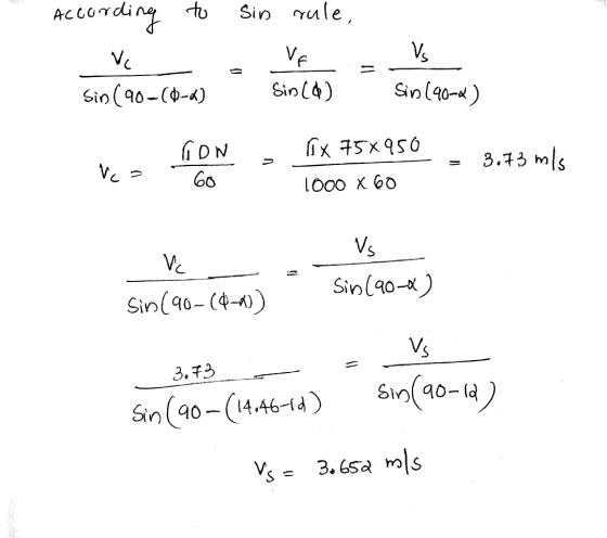 Sin rale, According to Vc Sin (90-(0-6) Vs VF Sin (4) Sid (90-x) TX 75x950 Gow 60 3.73 m/s Vc = 1000 x 60 Vs Sin (90-0) Sin (