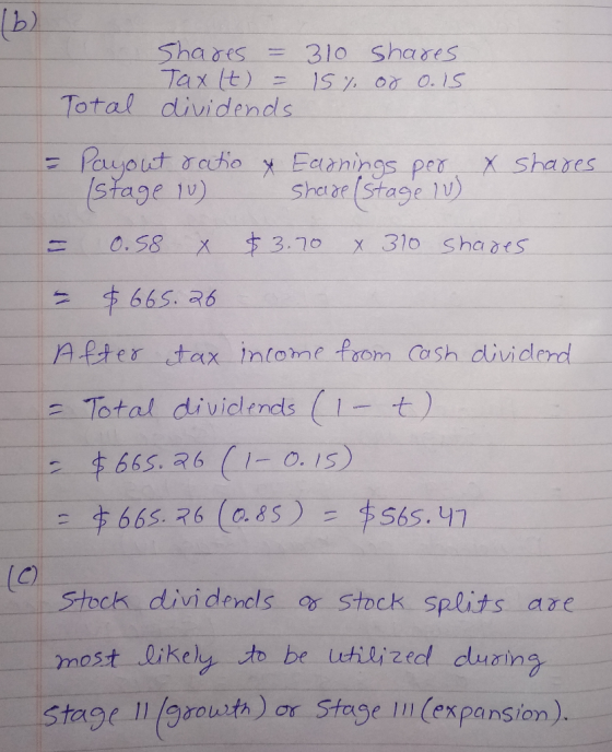 b) Shares = 310 Tax (t) = 15 % dividends. Shares or o. is Total Payout ratio (Stage 10) & Earnings per Share (Stage 10) x Sha