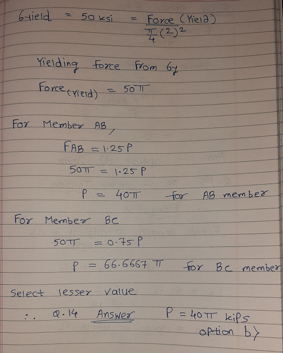 Grield 50 ksi Force (Yiela) Yielding force from 67 Force exield) = 50 For Member AB 7 FAB = 1.25P 500 = 1.25P P = 407 for AB