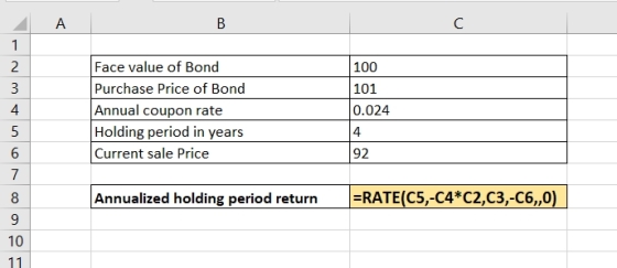A В C 1 Face value of Bond Purchase Price of Bond Annual coupon rate Holding period in years Current sale Price 100 101 0.024