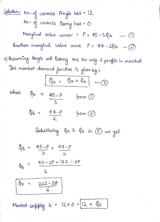 Solution: No.of cookies Angie has = 12 No. of cookies Banny has=0 Marginal value curve = P = 45-30a - 0 Another marginal veel