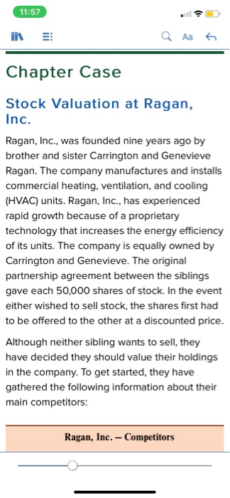 11:57 a Aas Chapter Case Stock Valuation at Ragan, Inc. Ragan, Inc., was founded nine years ago by brother and sister Carring