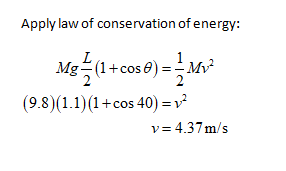 Apply law of conservation of energy: L Mg(1+cos e 30s ) = Mv2 (9.8)(1.1)(1+cos 40) = v2 v=4.37m/s