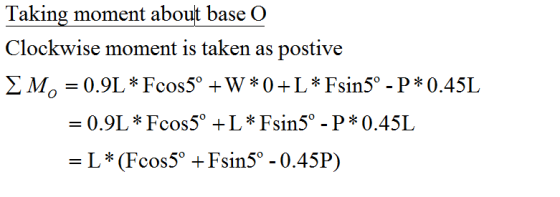 Taking moment about base o Clockwise moment is taken as postive EM, = 0.9L * Fcos5° +W*0+L * Fsin5º - P* ().45L = 0.9L * Fcos