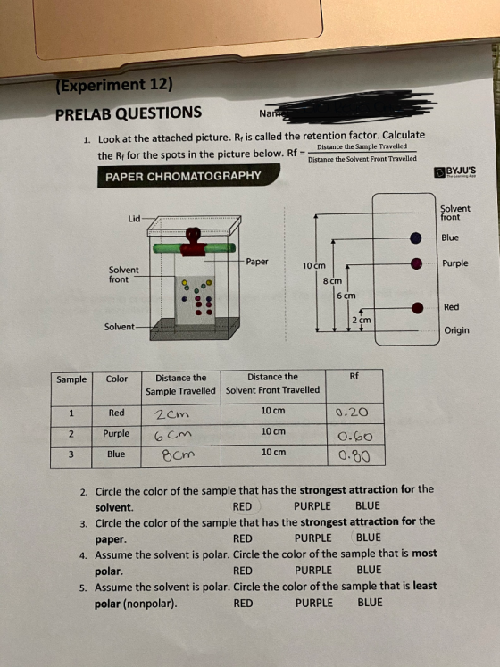 (Experiment 12) PRELAB QUESTIONS Nane 1. Look at the attached picture. Rf is called the retention factor. Calculate c Distanc