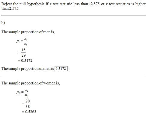 Reject the null hypothesis if z test statistic less than -2.575 or z test statistics is higher than 2.575 b) The sample propo