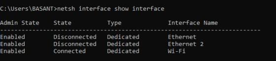 C:\Users\BASANT>netsh interface show interface Admin State State Type Interface Name Enabled Enabled Enabled Disconnected Dis