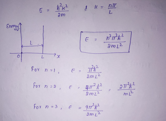 t32 & ka nIT L am Energy? L n²it² am 22 L Х for n=1 E = 1th? am 2² for na E E = 811 h am22 211²42 ml for n=3 E 2 97² h am 22