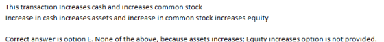 This transaction Increases cash and increases common stock Increase in cash increases assets and increase in common stock inc