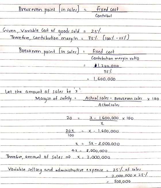 Breakeven point (in sales) fixed cost Contribut Given Variable cost of goods sold - 25%. Therefore, contribution margin 75.4