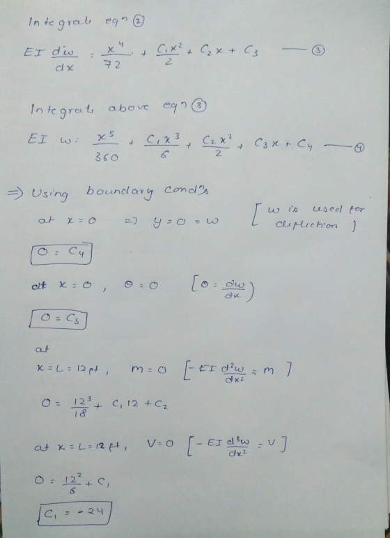 Integrate ean X k2 Cox+cs X Er din + - cx Integrate above can ③ EI w C.x3 C2 x², xs & 360 Can & Cy C. - 2 =) Using boundary c