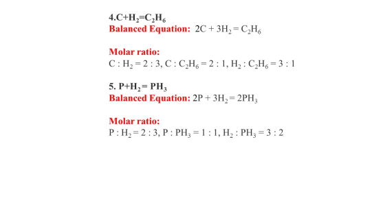 4.C+H2=C2H6 Balanced Equation: 2C + 3H2 = C2H6 Molar ratio: C:H2 = 2:3, C : C2H6 = 2 : 1, H2 : C2H6 = 3 : 1 5. P+H2= PHz Bala