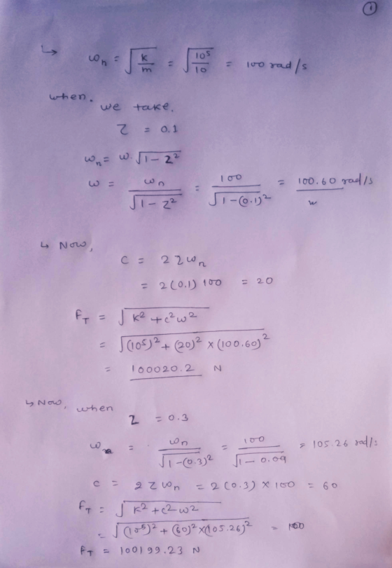 con Tos 낙 100 rad/s 10 when. we take. 2 = 0.1 wna w. J-22 loo - 100.60 radis - z² 1-(0.172 4 Now, c = 2zon = 20 = 2(0.1) 100