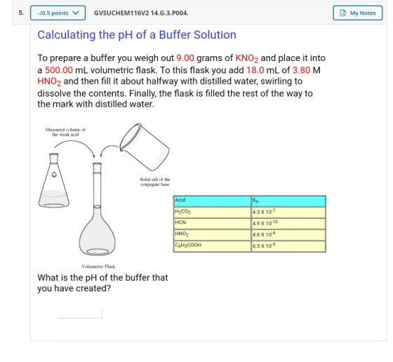 |-/0.5 points GVSUCHEM116V2 14.6.3.P004. My Notes Calculating the pH of a Buffer Solution To prepare a buffer you weigh out 9
