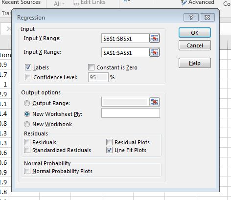 Recent Soces AIl Edit Links Advanced Co Tra Regressiorn 3 23 Input OK Input Y Range: Input X Range: Labels SB$1:5B$51 SAS1:SA