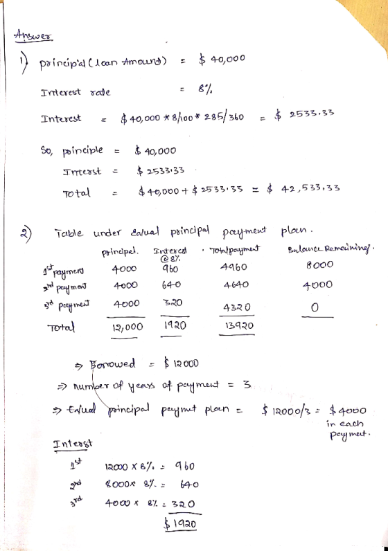 Answer $ 40,000 principal loan Amoung) Interest ade 40,0008A00* 285/360 Interest 2533.33 So, poinciple 40,000 $2533.33 Inters