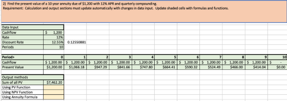 2) Find the present value of a 10 year annuity due of $1,200 with 12% APR and quarterly compounding Requirement: Calculation and output sections must update automatically with changes in data input. Update shaded cells with formulas and functions. Data Input Cashflow Rate Discount Rate Periods S1,200 12% 12.55% 0.12550881 10 Period> Cashflow Present Value 0 5 6 10 $1,200.00 $1,066.18 $947.29 $841.66 $747.80 $664.41$590.32 $524.49 $46 $414.04 $0.00 Output methods Sum of all PV Using PV Function Using NPV Function Using Annuity Formula $7,462.20